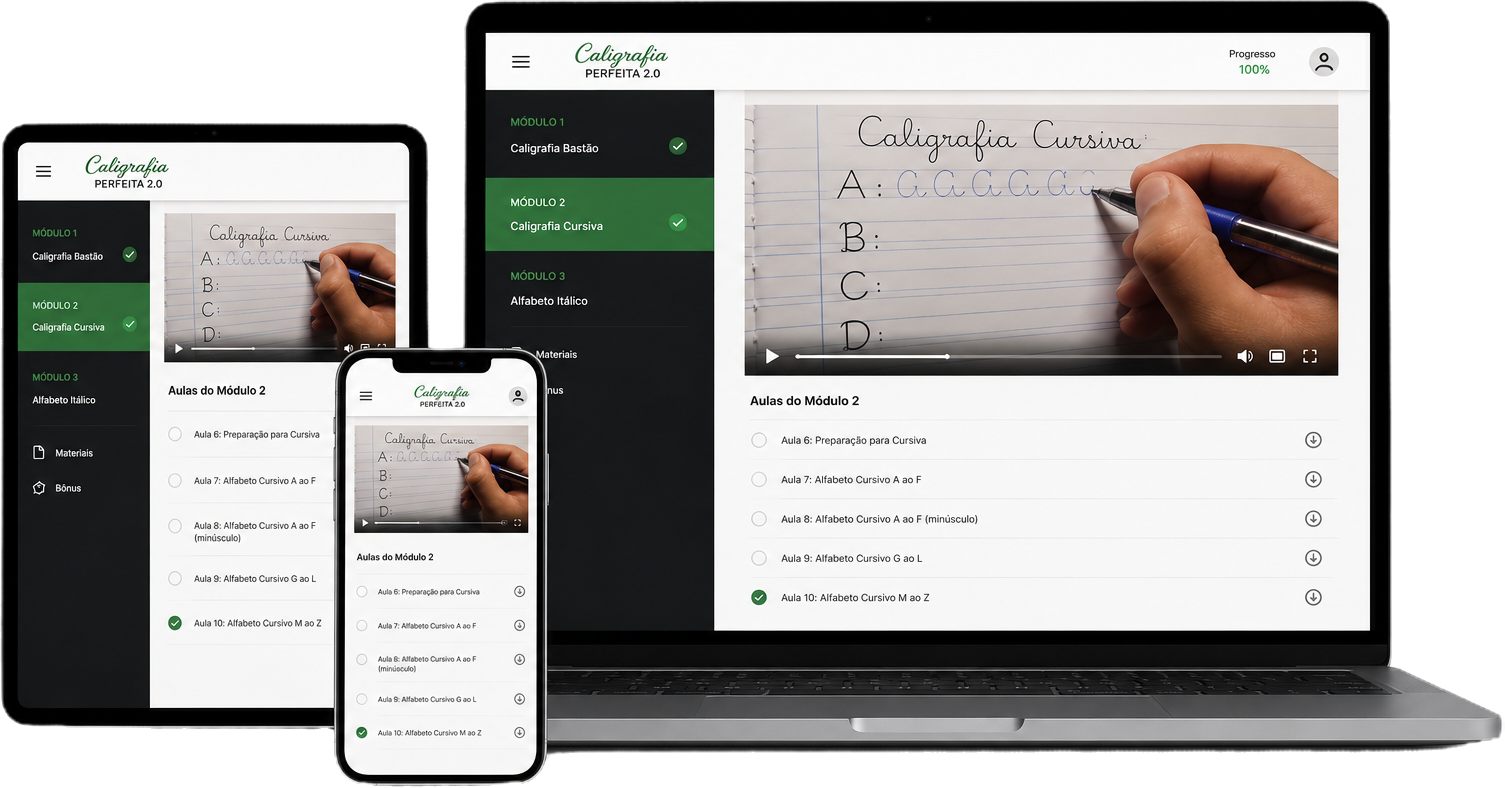 Curso Caligrafia Simplificada em notebook, tablet e celular